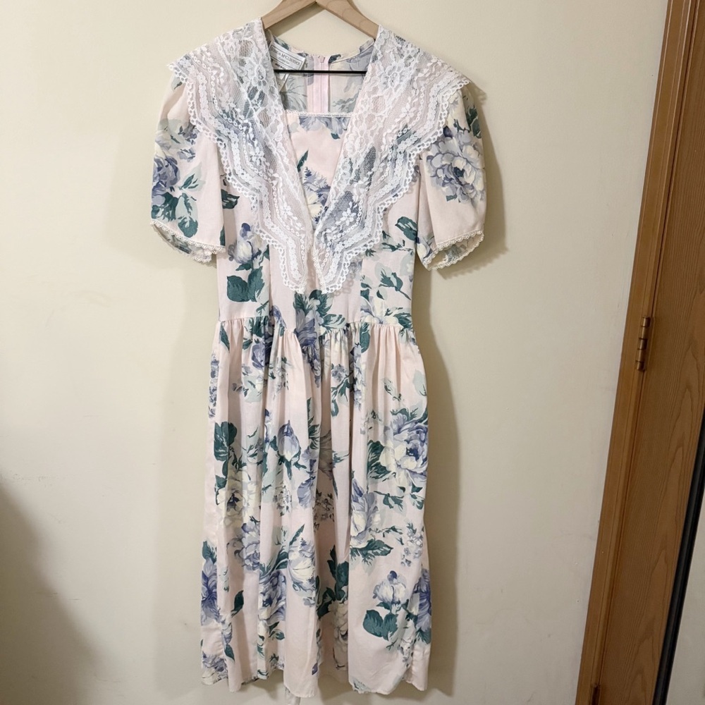 Vintage 90s Jessica McClintock Gunne Sax Floral Lace Prairie Dress 9/10 Cottage